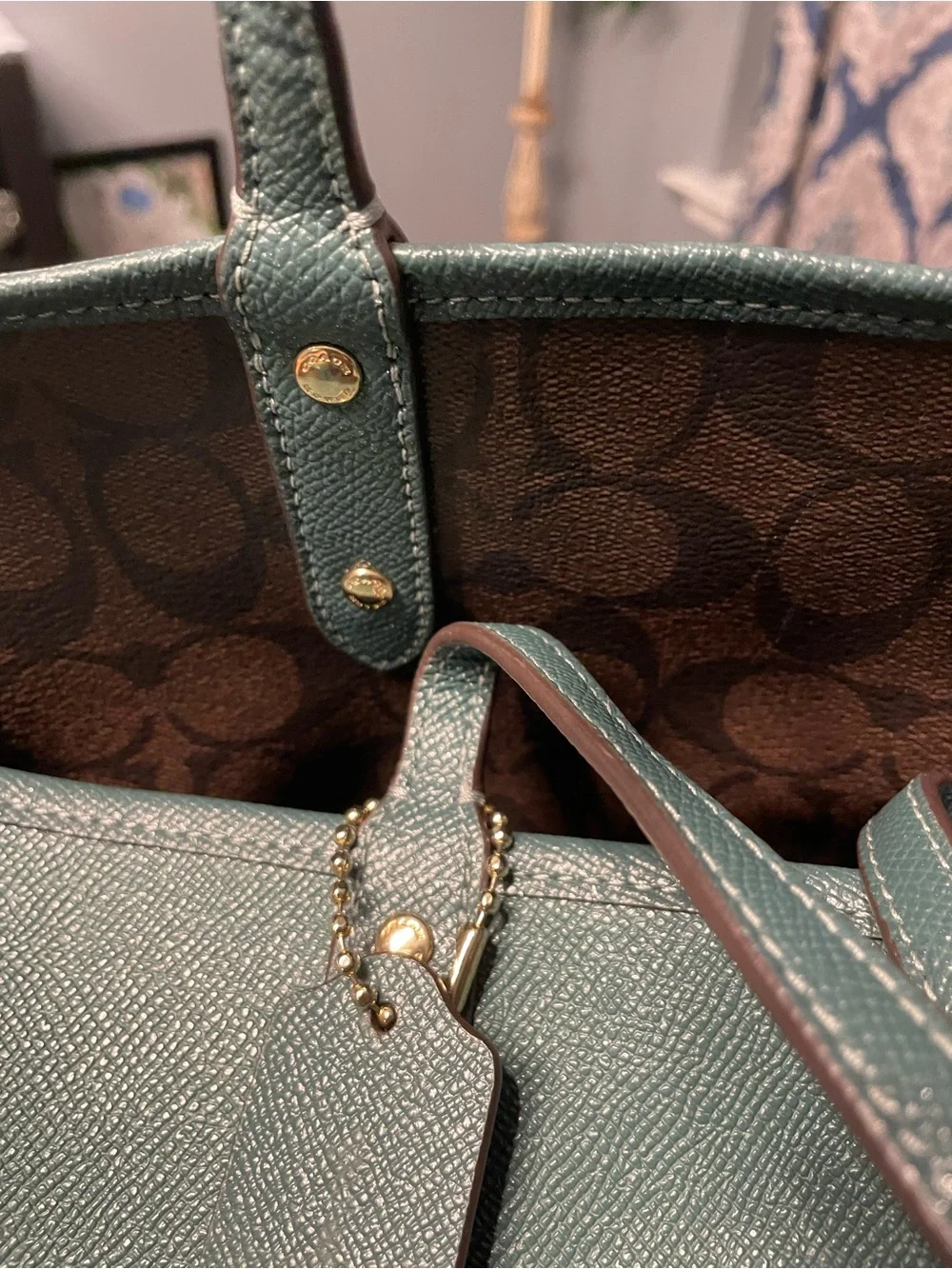 Coach Classic Brown Signature Canvas ReversibleTote with Teal Wristlet.
